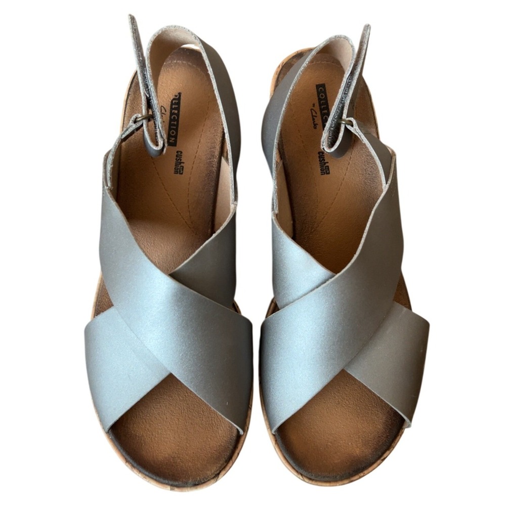 Clarks Stasha Hale Leather Metallic Pewter Wedge Sandals | SZ: 11